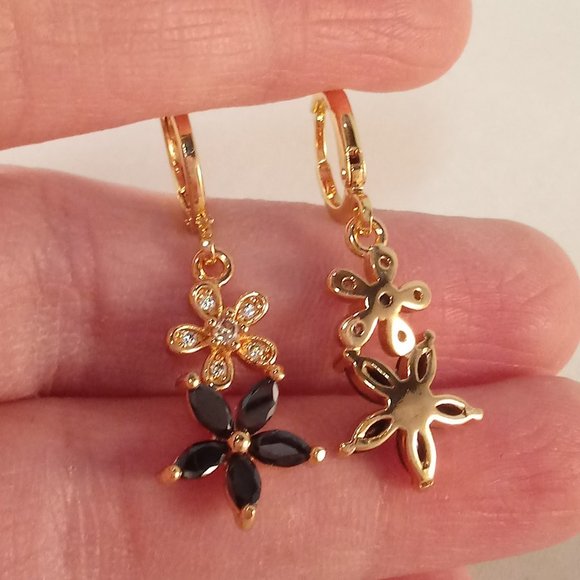 18K Yellow Gold Filled Black Onyx Diamond Zircon Layered Flower Dangle Earrings - Picture 5 of 5